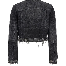 جاكيت رمادي بياقة دائرية وحواف منسلة من مزيج القطن للنساء