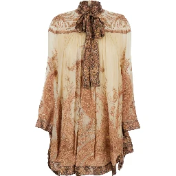 Hypnotic Multicolor Mini Dress with Pussybow Collar and All-Over Paisley Print in Silk Blend Woman