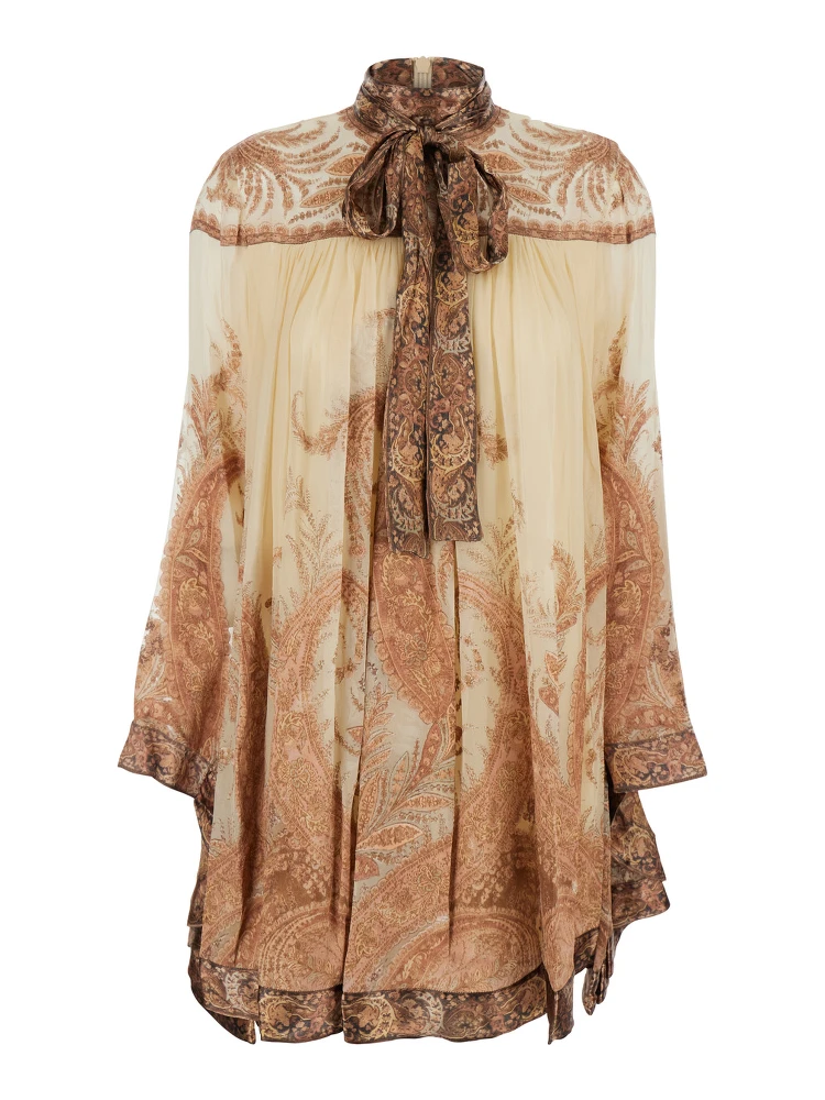 Hypnotic Multicolor Mini Dress with Pussybow Collar and All-Over Paisley Print in Silk Blend Woman