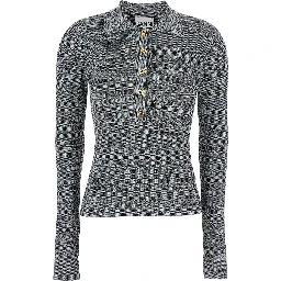 Black and White Polo Shirt with All-Over Space-Dye Effect and Button Closure in Fabric Woman