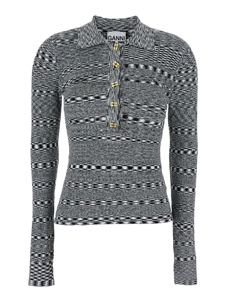 Black and White Polo Shirt with All-Over Space-Dye Effect and Button Closure in Fabric Woman