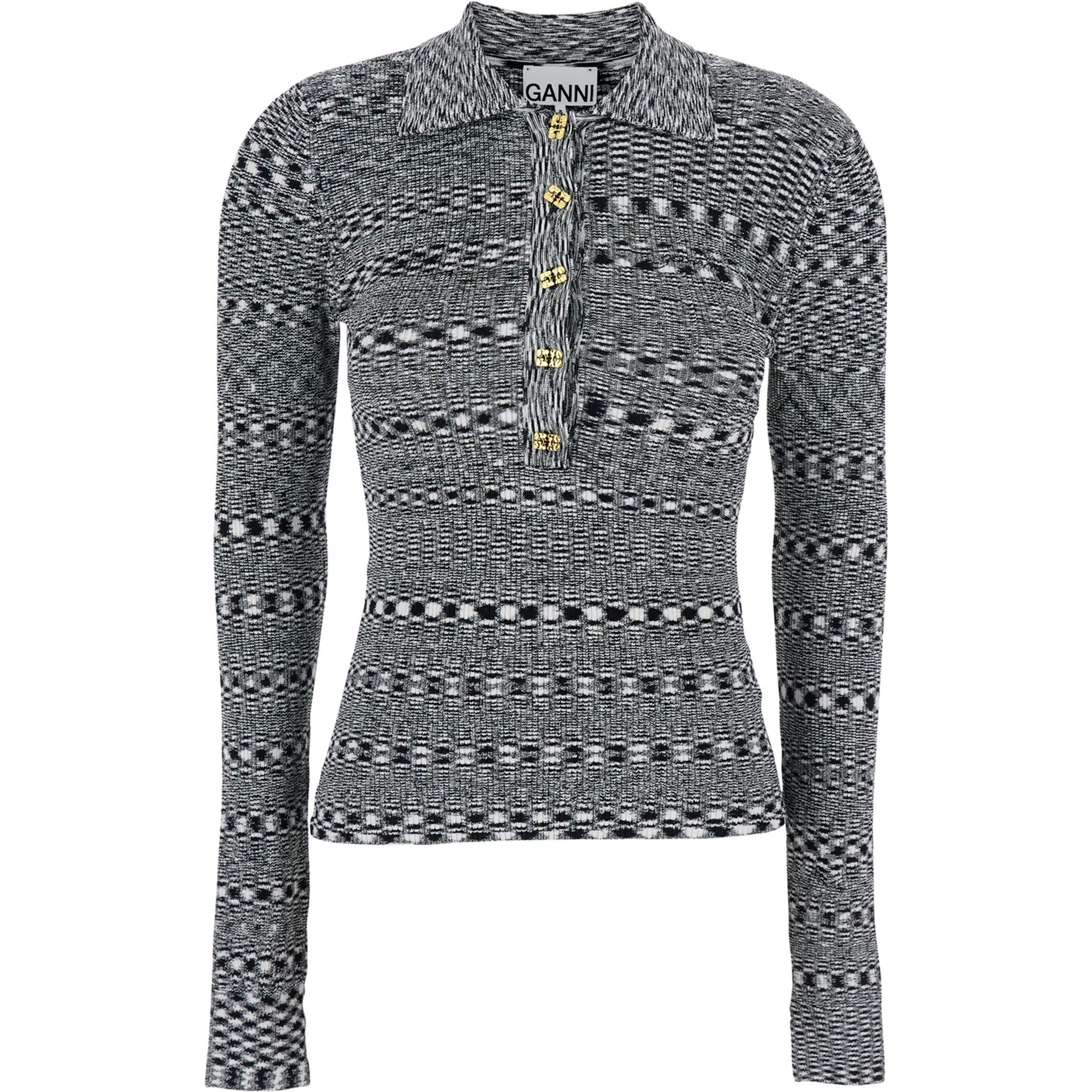 Black and White Polo Shirt with All-Over Space-Dye Effect and Button Closure in Fabric Woman