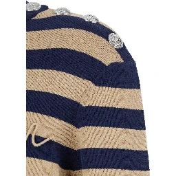 Blue Crewneck Sweater with Logo Lettering on the Front and All-Over Striped Motif in Wool Woman