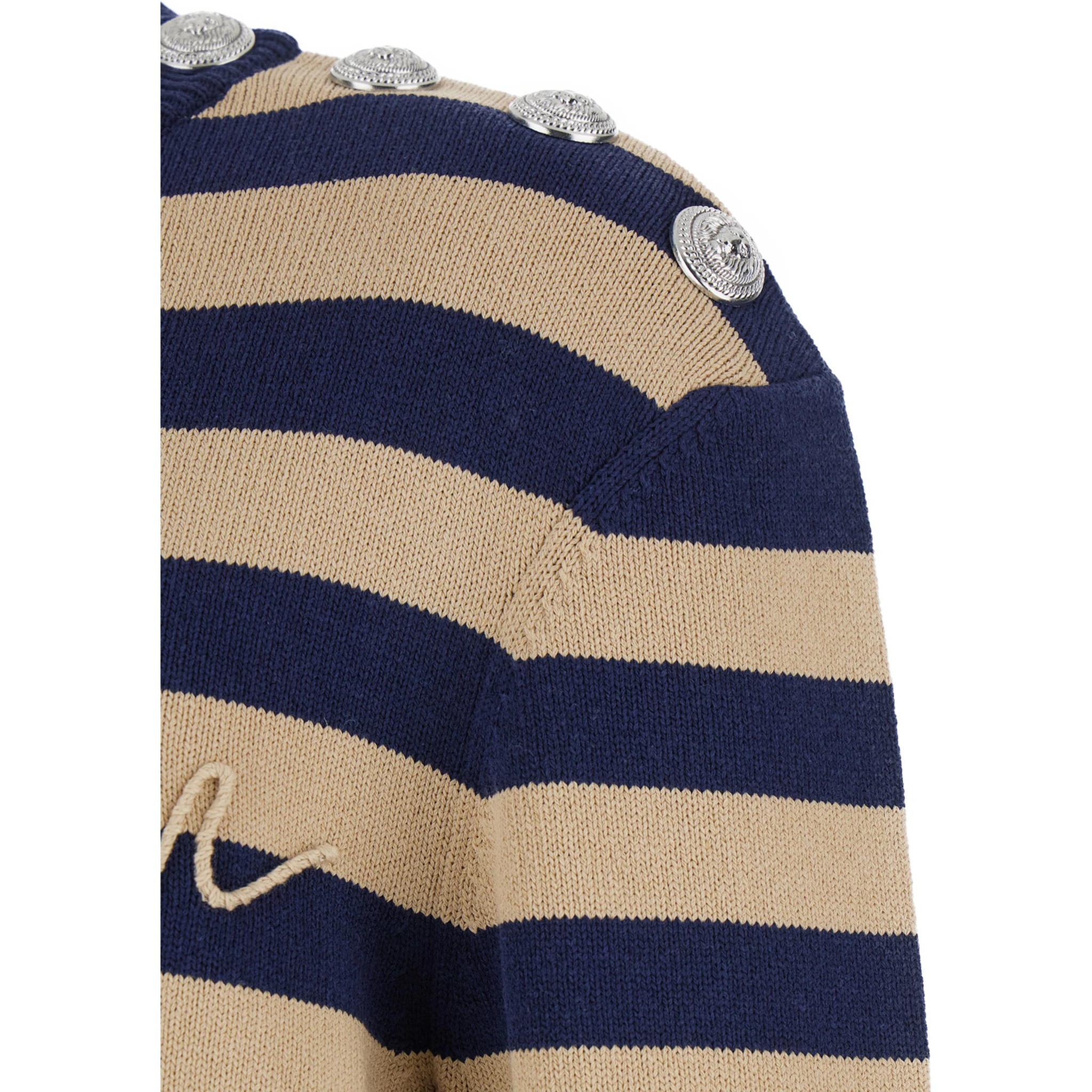 Blue Crewneck Sweater with Logo Lettering on the Front and All-Over Striped Motif in Wool Woman