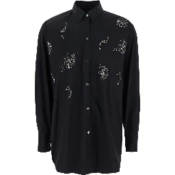 Black Shirt with Classic Collar and Rhinestone Embellishments on the Front in Cotton Blend Stretch Woman