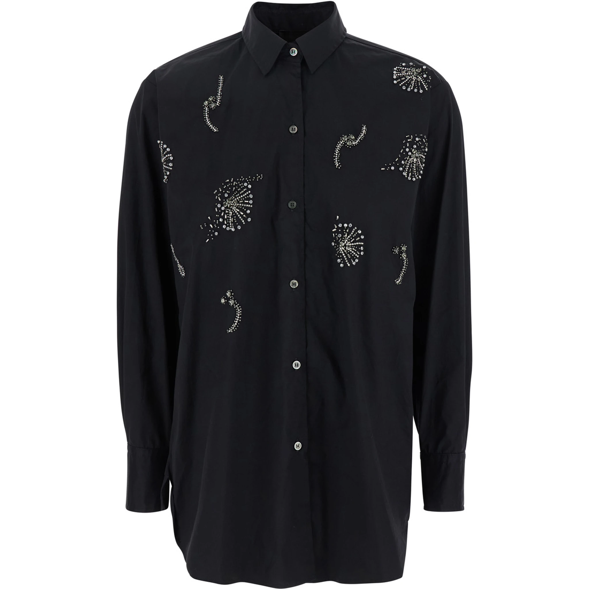 Black Shirt with Classic Collar and Rhinestone Embellishments on the Front in Cotton Blend Stretch Woman
