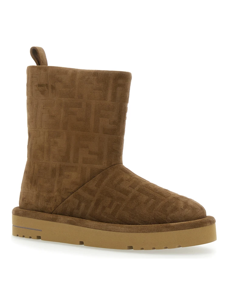Brown Ankle Boots with All-Over FF Motif in Suede Woman