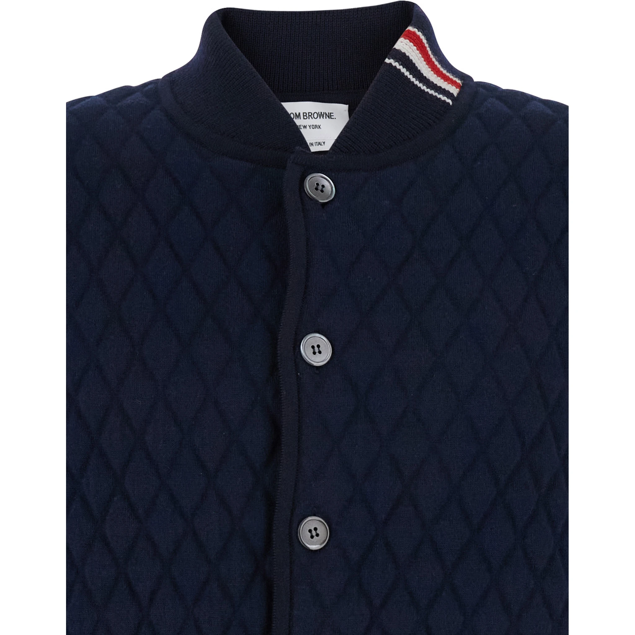Blue Quilted Jacket with Bomber Collar and Logo Embroidery on the Collar in Wool Man