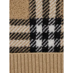 Beige Beanie with Check Motif and Ribbed Brim in Wool Boy