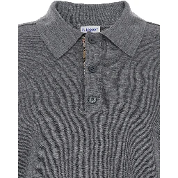 Grey Polo Shirt with Classic Collar and Check Motif on the Collar in Wool Man