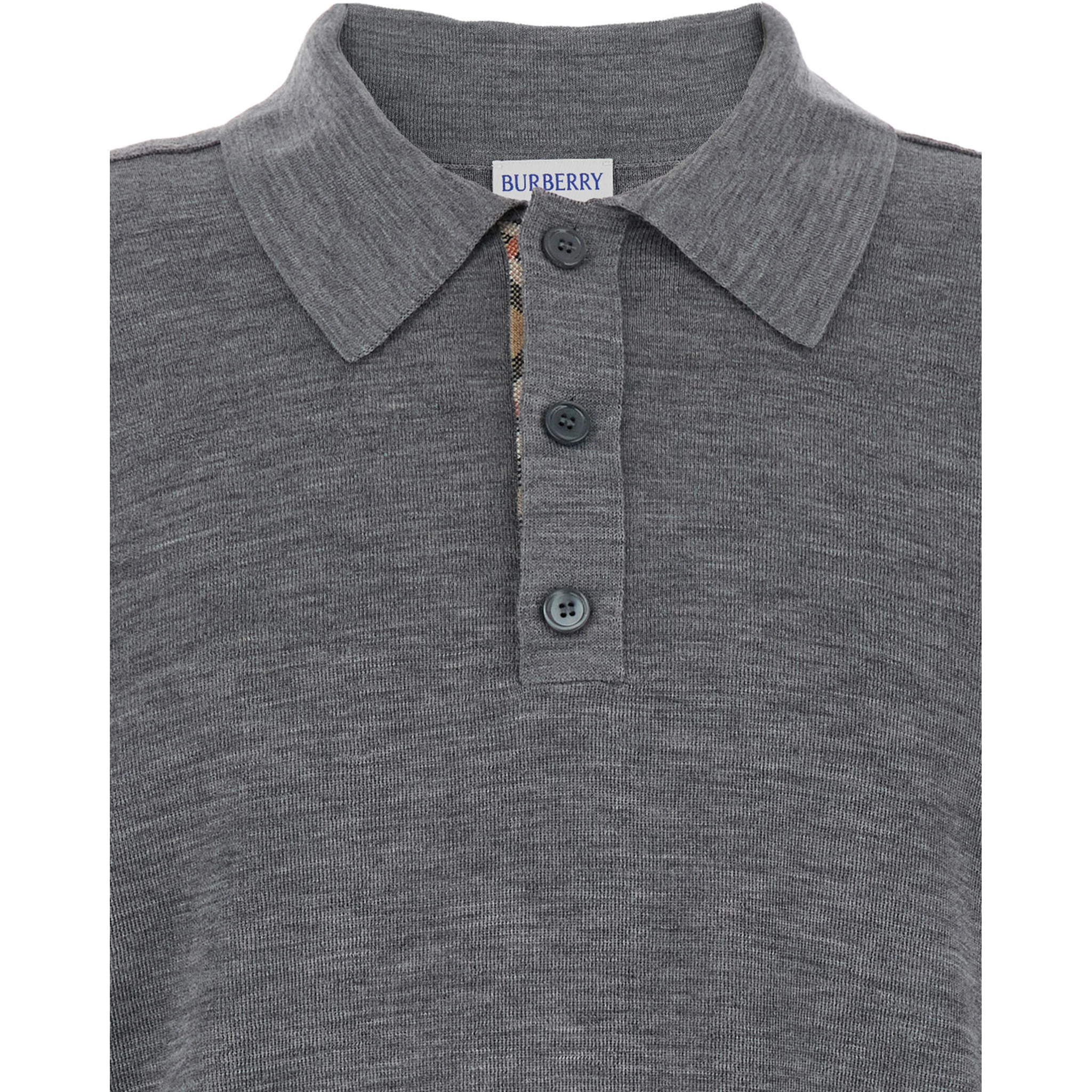 Grey Polo Shirt with Classic Collar and Check Motif on the Collar in Wool Man