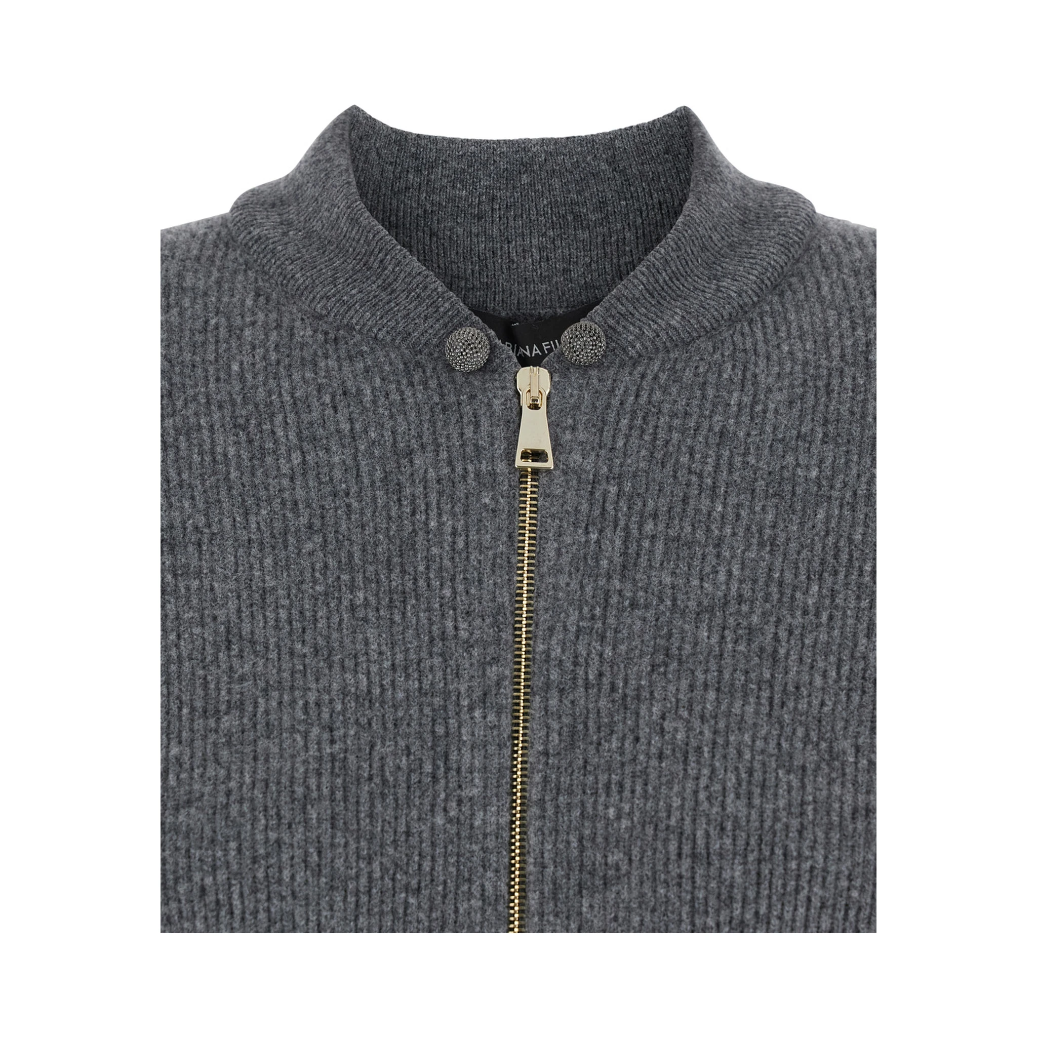 Grey Ribbed Knit Sweatshirt with Front Zip Closure in Wool Blend Woman