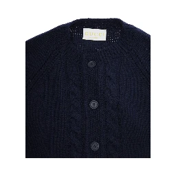 Blue Cardigan with Intarsia Design and Round Neck in Wool Boy