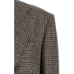Brown Single-Breasted Jacket with Notched Revers and All-Over Check Motif in Wool Woman