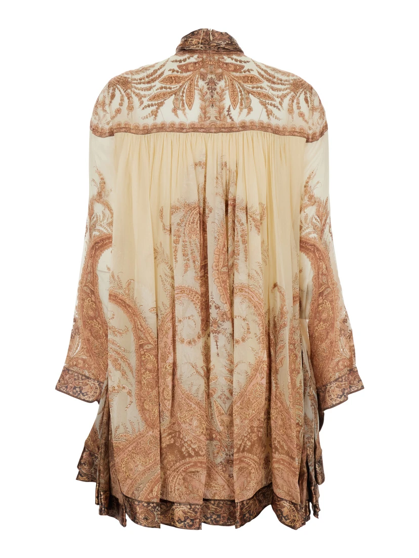 Hypnotic Multicolor Mini Dress with Pussybow Collar and All-Over Paisley Print in Silk Blend Woman