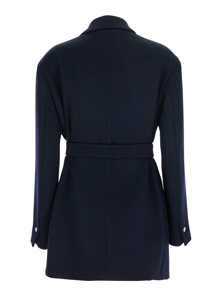 Nomade Blue Double-Breasted Jacket with Peak Revers and Belt in Wool Woman