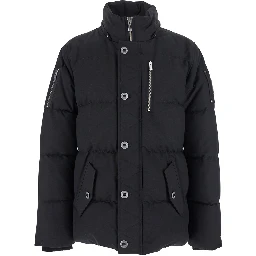 Forrestville Black Down Jacket with Fixed Hood and Logo Patch on the Sleeve in Cotton Blend Man