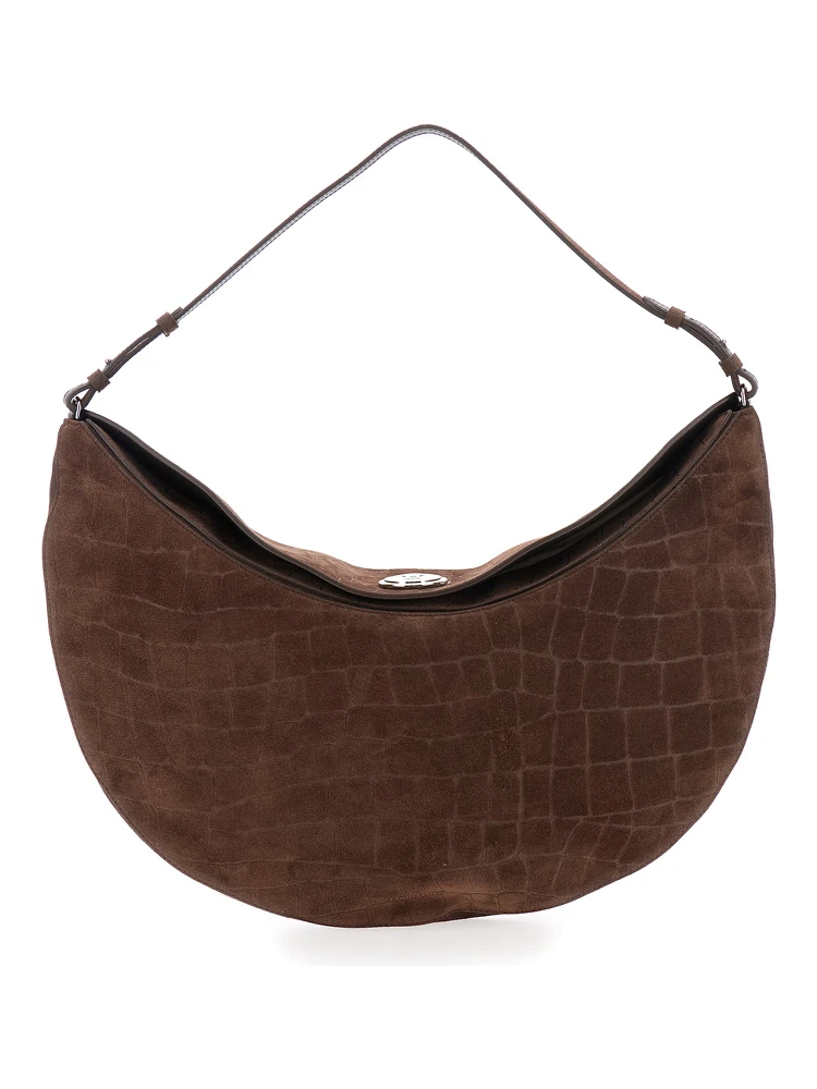 حقيبة كتف كبيرة بنية اللون من لو كاليسو روند، مزودة بحزام قابل للتعديل ونقش جلد التمساح، للنساء