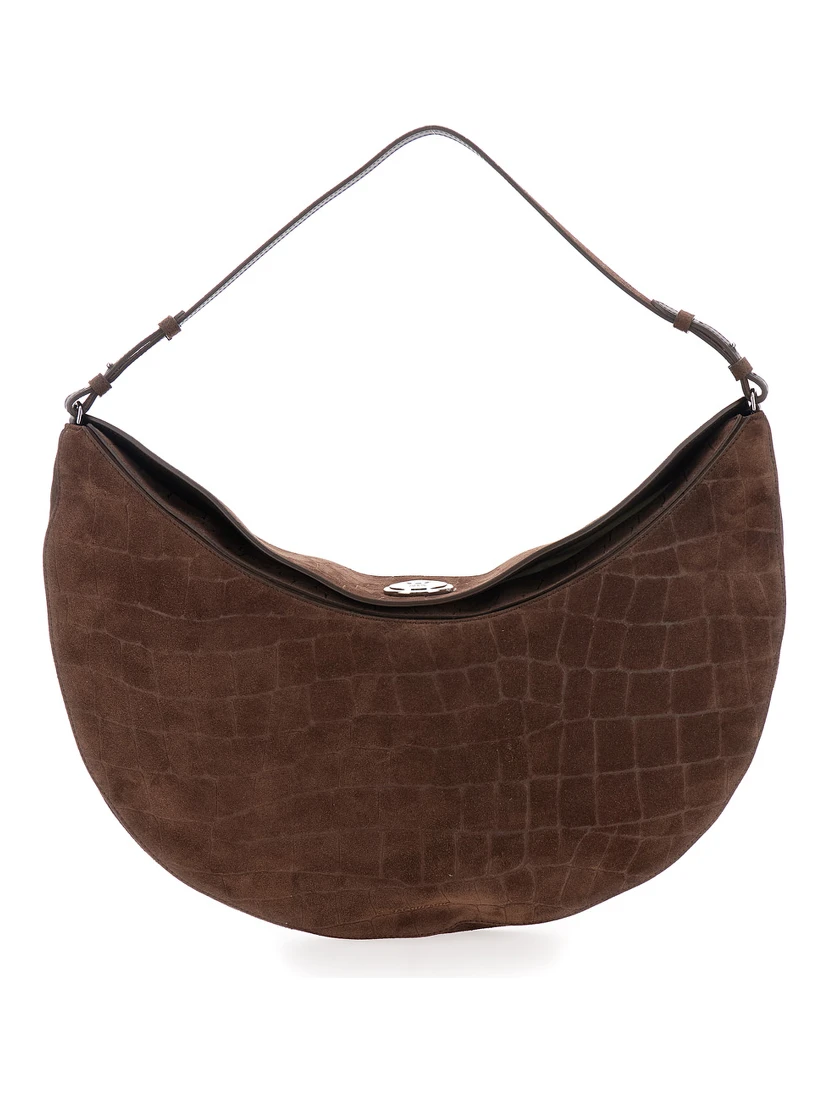 حقيبة كتف كبيرة بنية اللون من لو كاليسو روند، مزودة بحزام قابل للتعديل ونقش جلد التمساح، للنساء