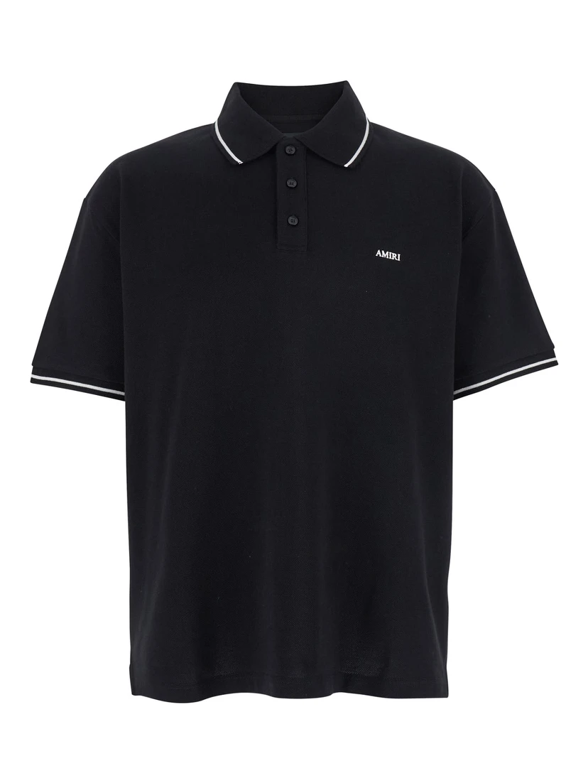 Black Polo Shirt with Classic Collar and Logo Lettering Embroidery on the Front in Cotton Man