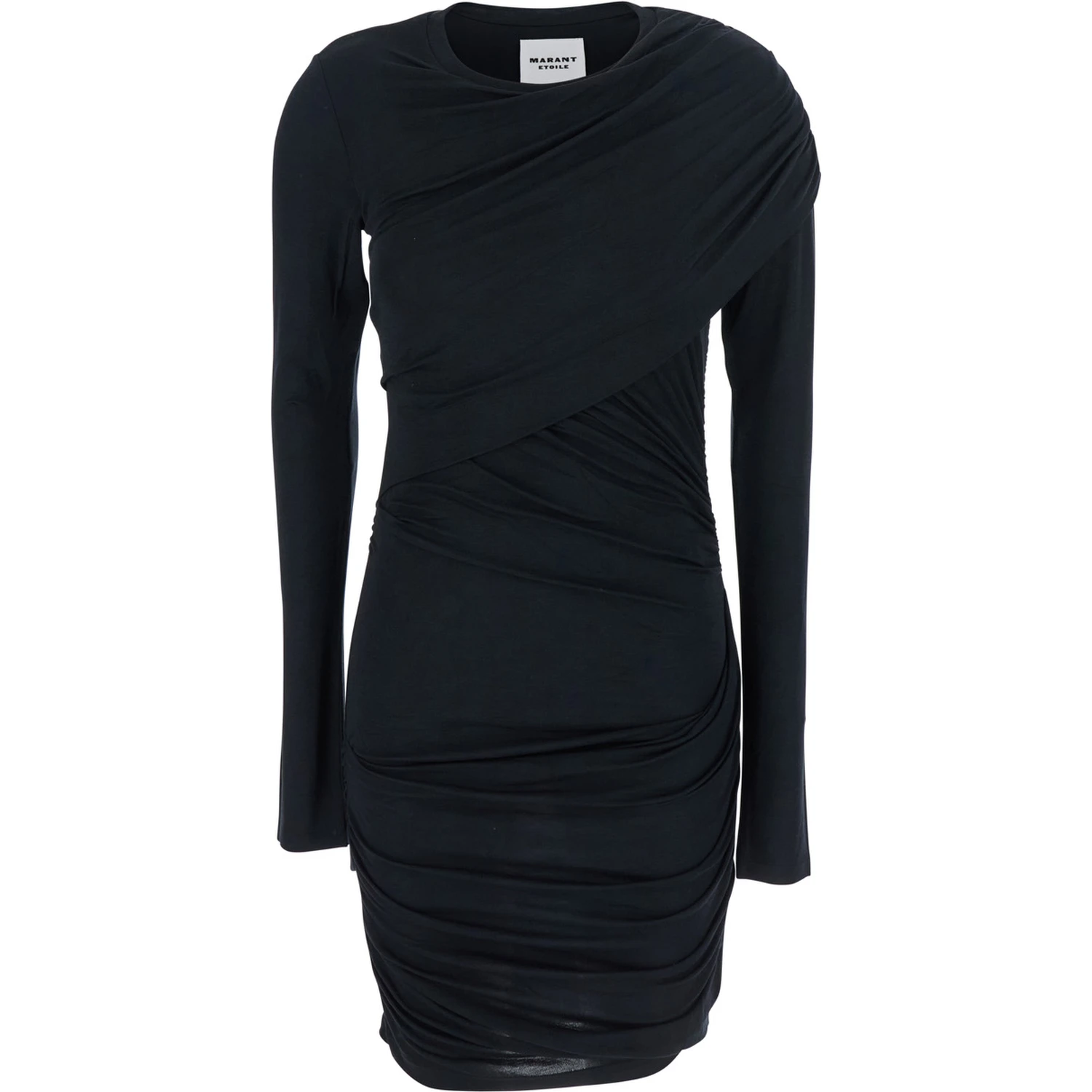 Denise Black Dress with Round Neckline and Ruffle Design in Fabric woman