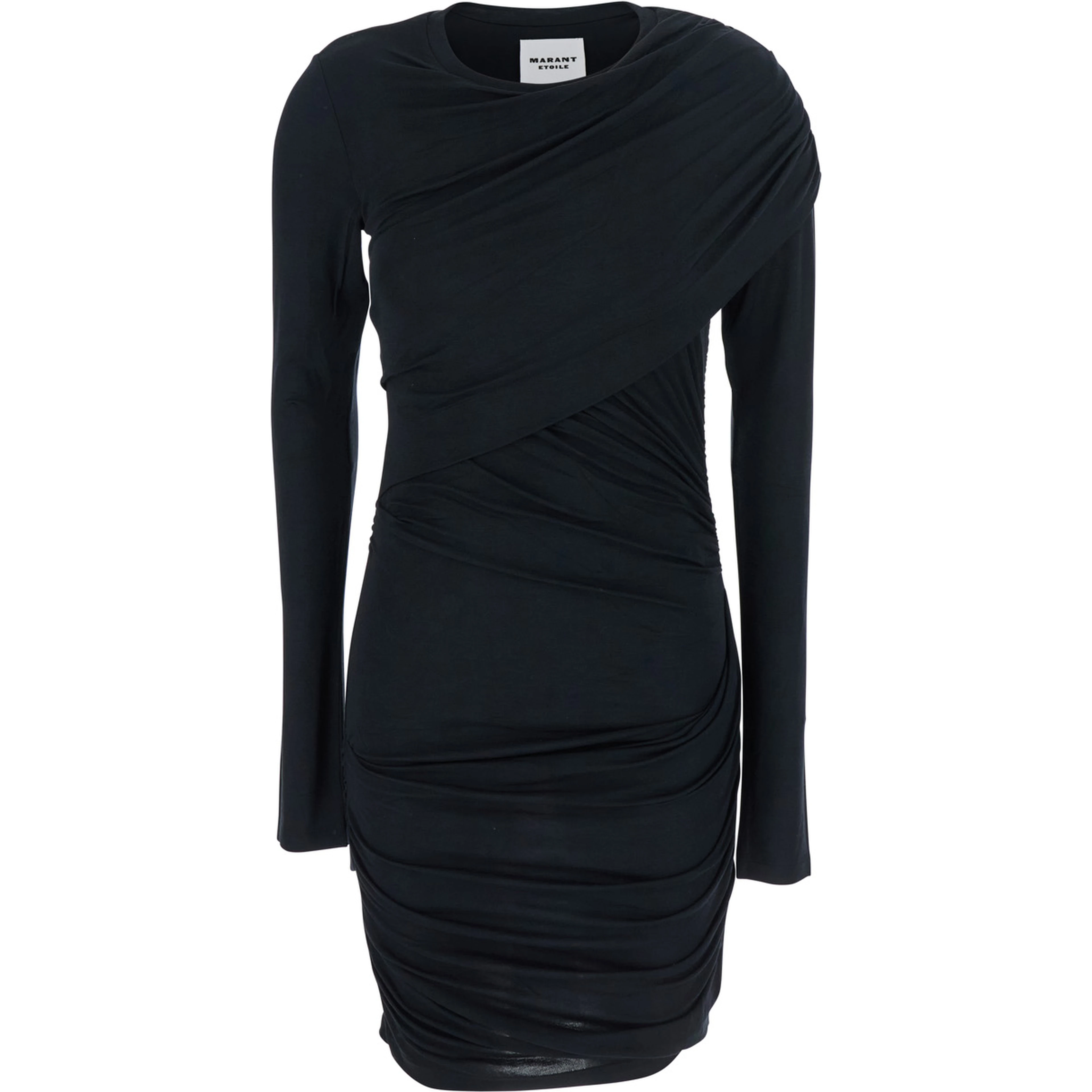 Denise Black Dress with Round Neckline and Ruffle Design in Fabric woman