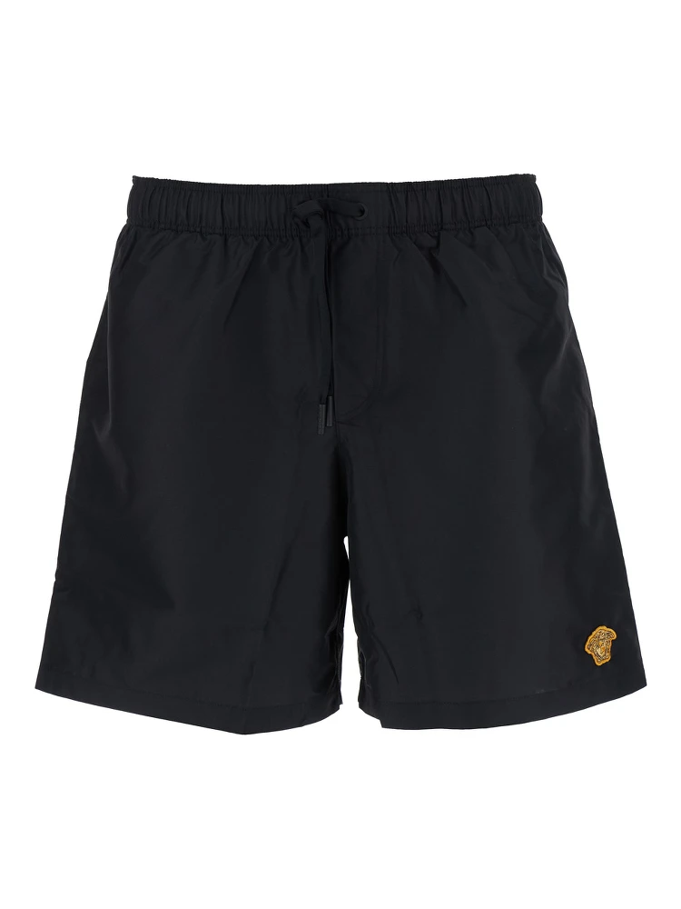 Black Swim Shorts with Elastic Drawstring Waist and Medusa Embroidery on the Front in Tech Fabric Man