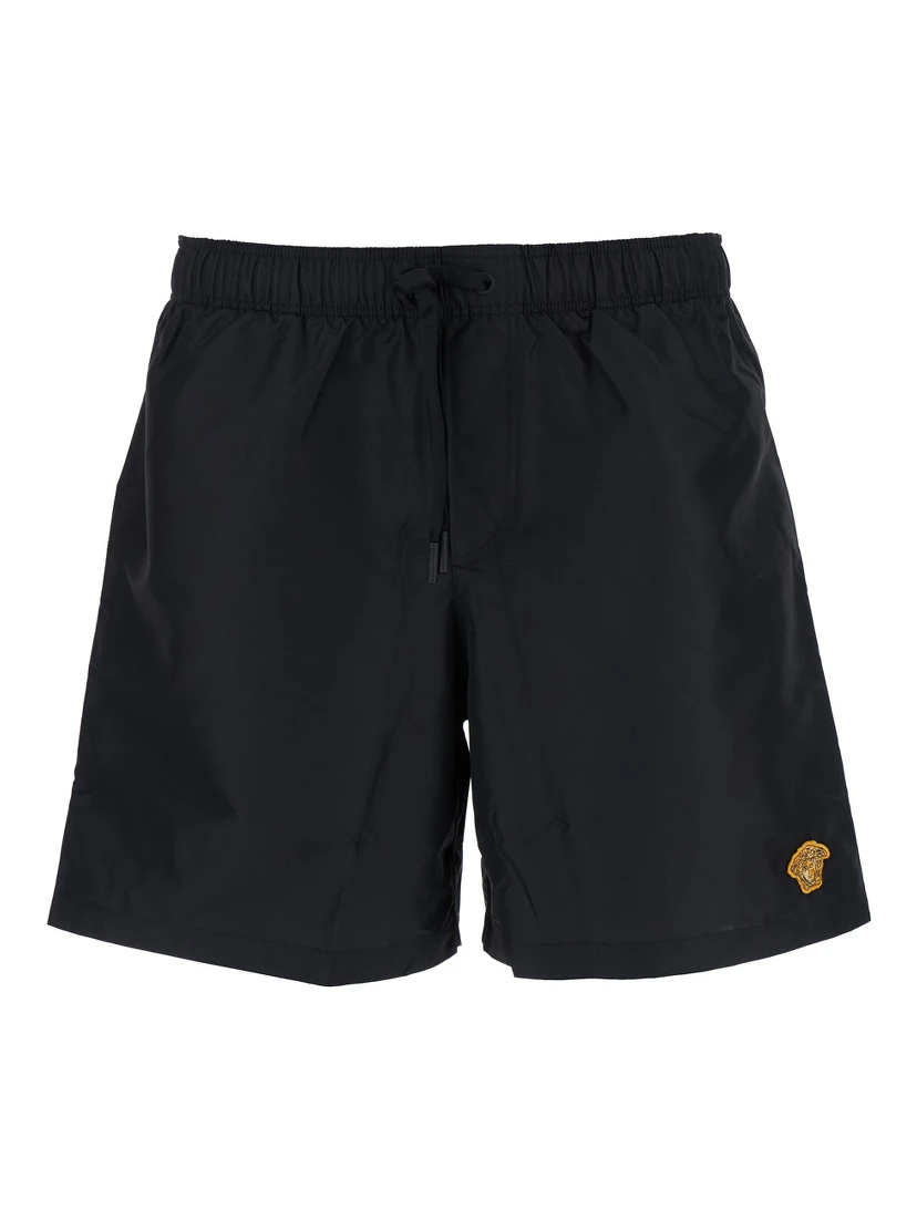 Black Swim Shorts with Elastic Drawstring Waist and Medusa Embroidery on the Front in Tech Fabric Man