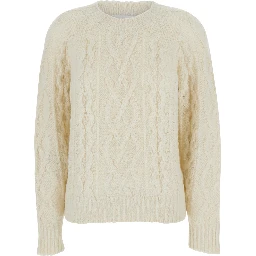 White Crew Neck Sweater with Braided Design in Wool Woman