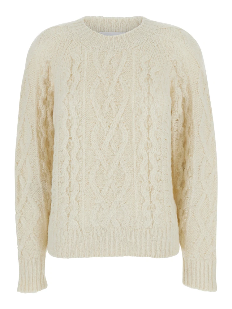 White Crew Neck Sweater with Braided Design in Wool Woman