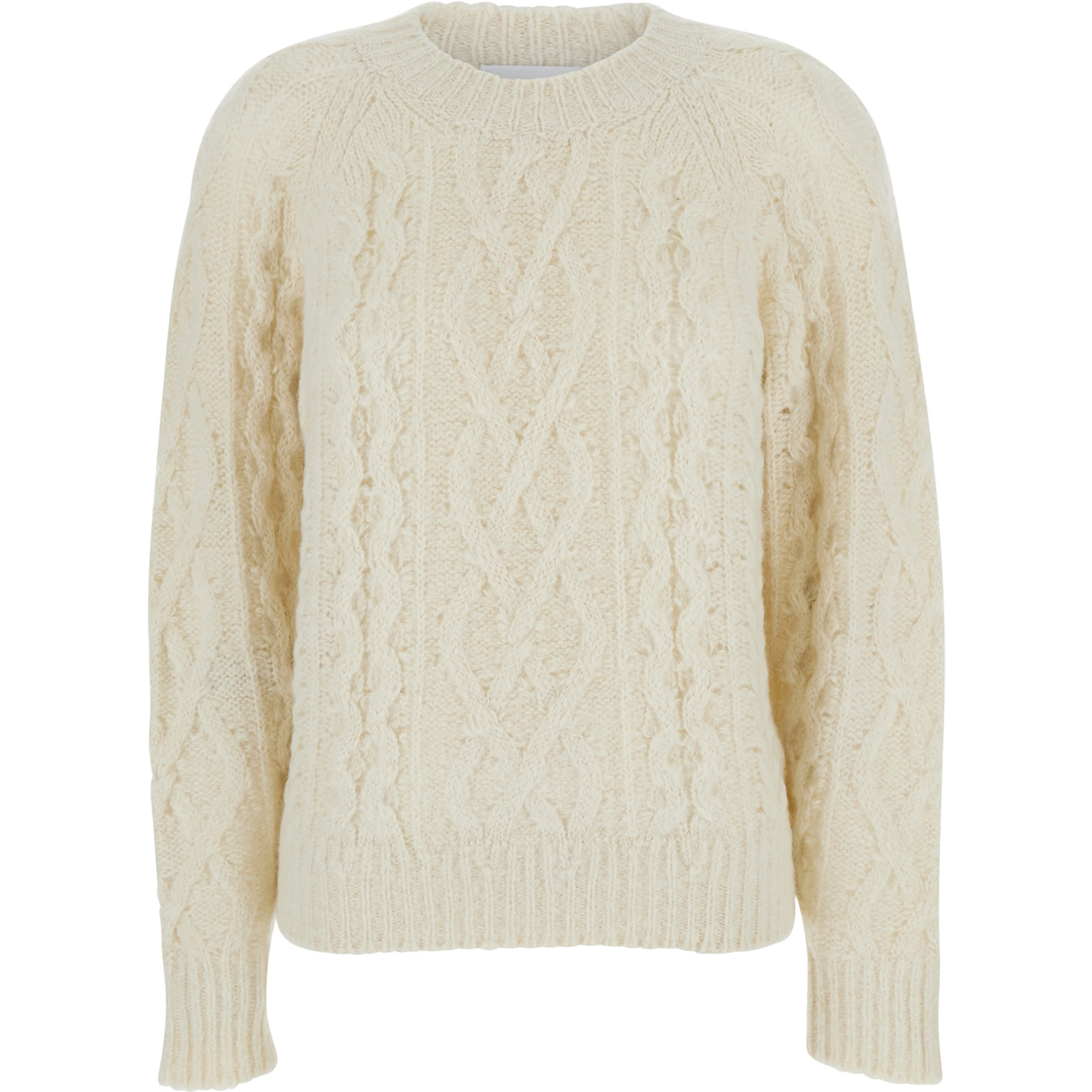 White Crew Neck Sweater with Braided Design in Wool Woman