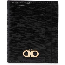 Black Cardholder with Gold-tone Gancini Logo in Calf Leather Man