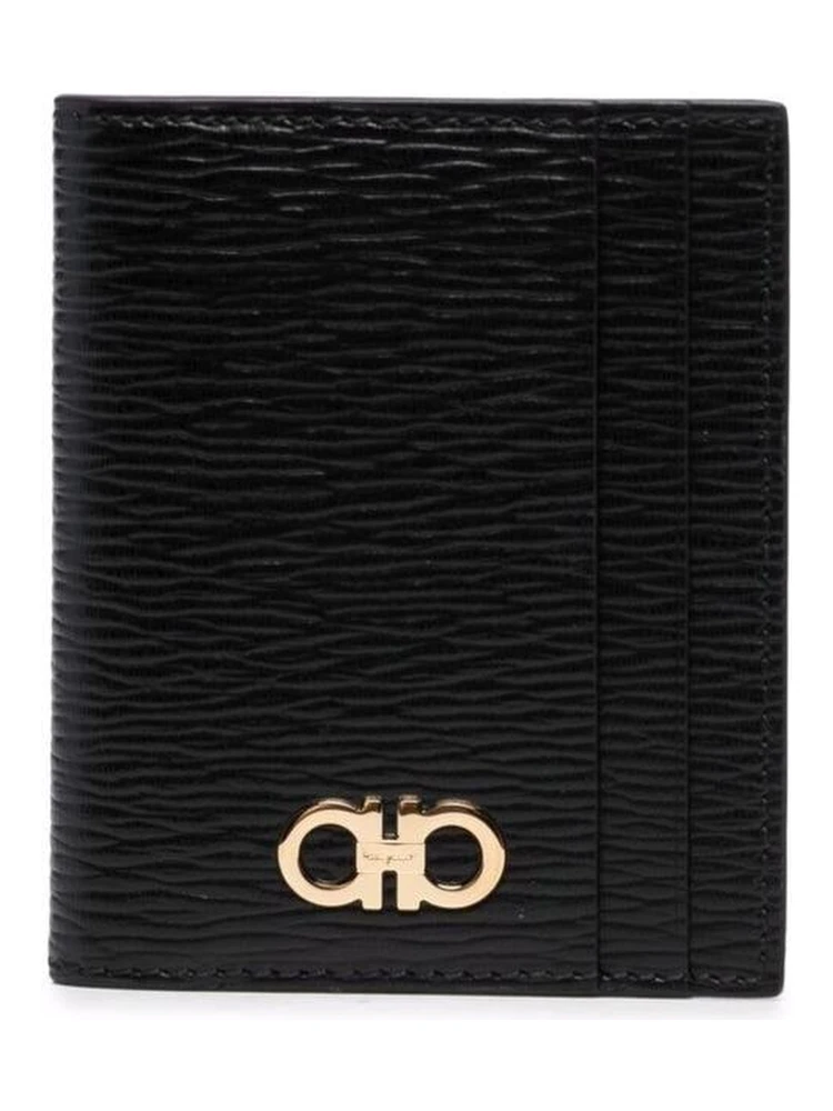 Black Cardholder with Gold-tone Gancini Logo in Calf Leather Man