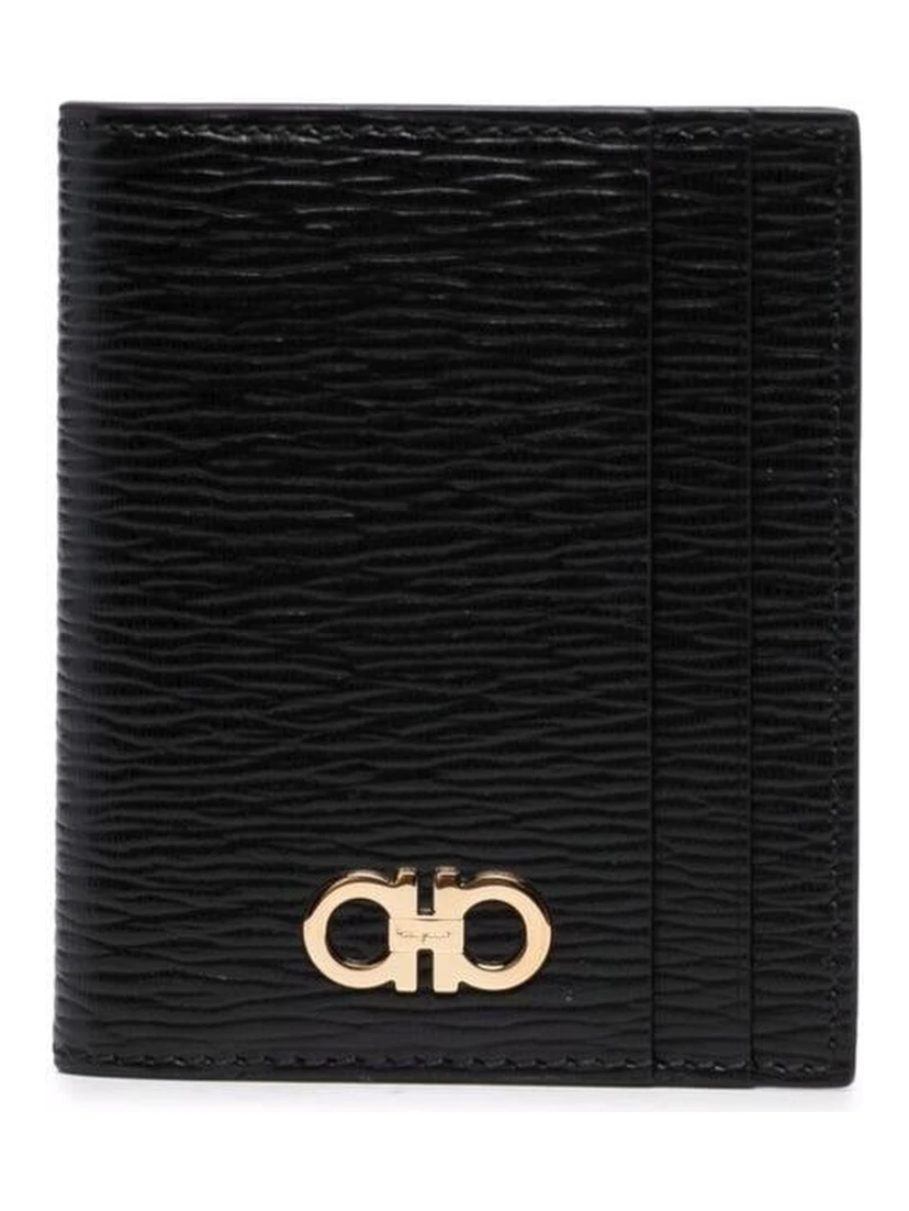 Black Cardholder with Gold-tone Gancini Logo in Calf Leather Man