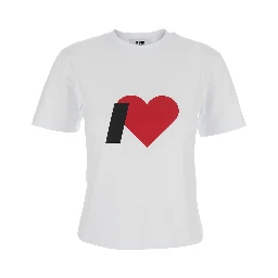 White Crewneck T-Shirt with Print on the Front and Logo Lettering on the Rear in Cotton Woman