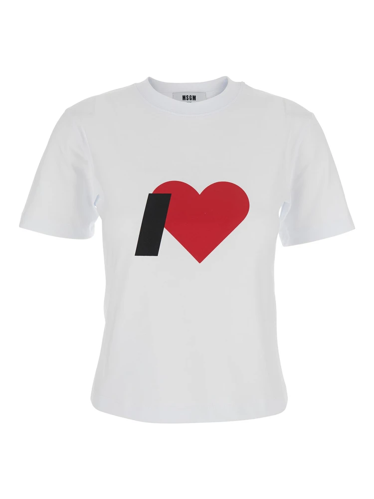 White Crewneck T-Shirt with Print on the Front and Logo Lettering on the Rear in Cotton Woman