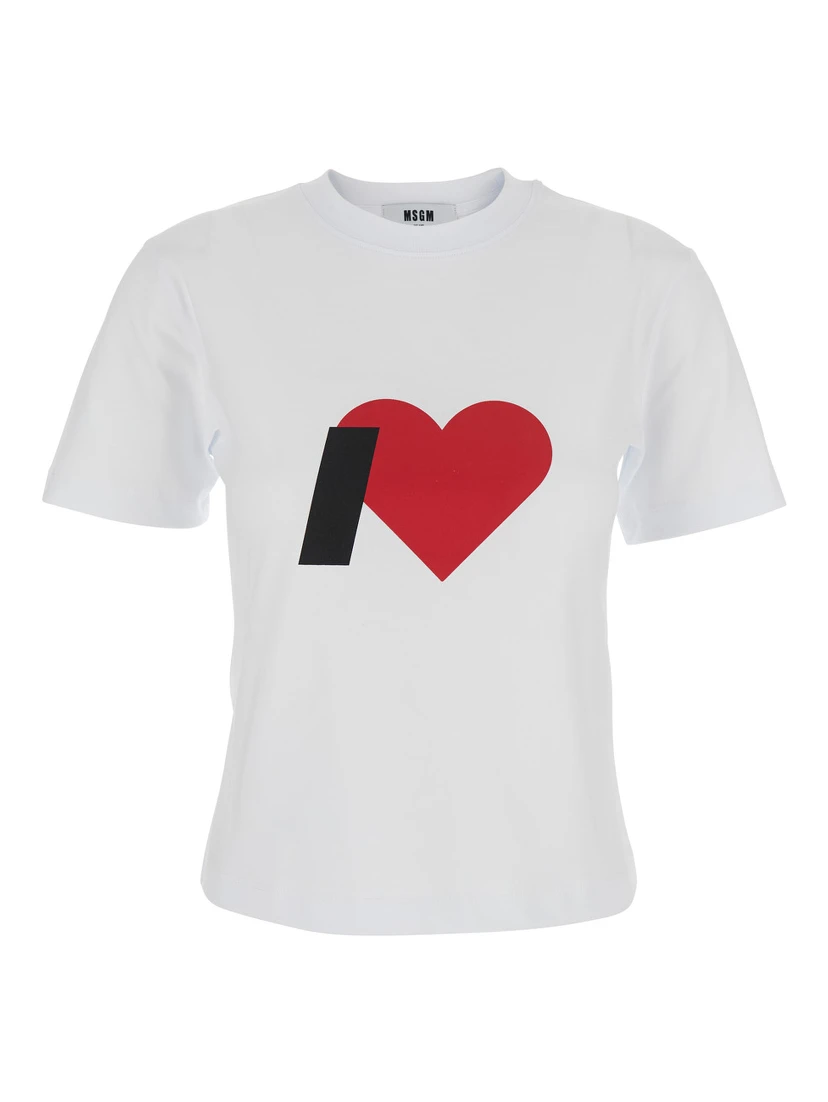 White Crewneck T-Shirt with Print on the Front and Logo Lettering on the Rear in Cotton Woman