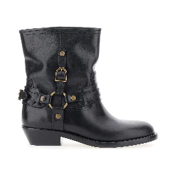Ildred Black Ankle Boots with Medium Block Heel and Decorative Buckle in Leather Woman