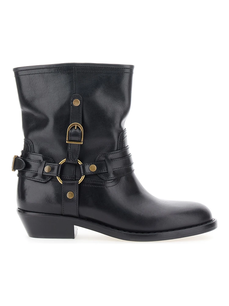 Ildred Black Ankle Boots with Medium Block Heel and Decorative Buckle in Leather Woman