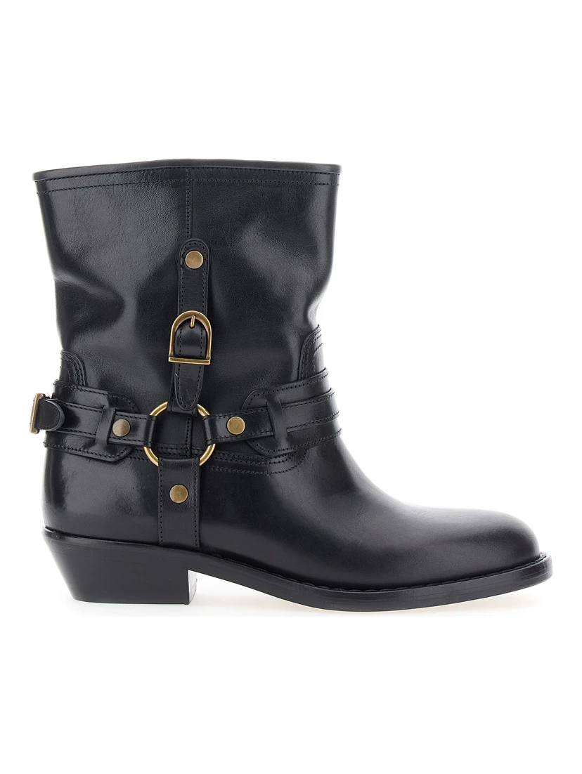 Ildred Black Ankle Boots with Medium Block Heel and Decorative Buckle in Leather Woman