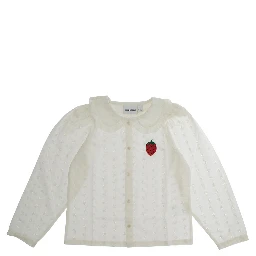 White Shirt with Peter Pan Collar and Strawberry Embroidery in Cotton Girl