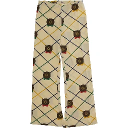 Beige Flared Pants with All-Over Check Motif and Bear Print in Cotton Stretch Girl