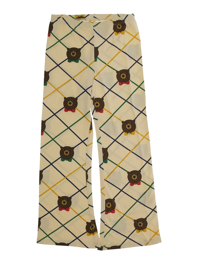 Beige Flared Pants with All-Over Check Motif and Bear Print in Cotton Stretch Girl