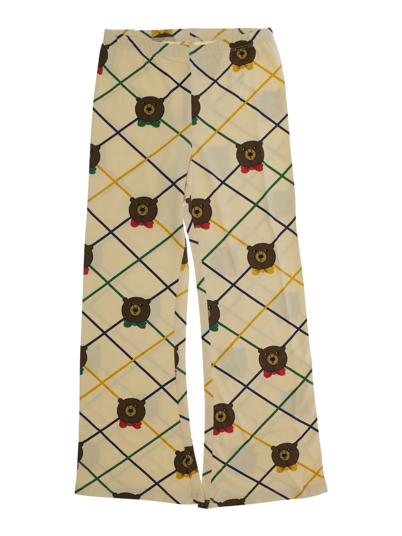 Beige Flared Pants with All-Over Check Motif and Bear Print in Cotton Stretch Girl