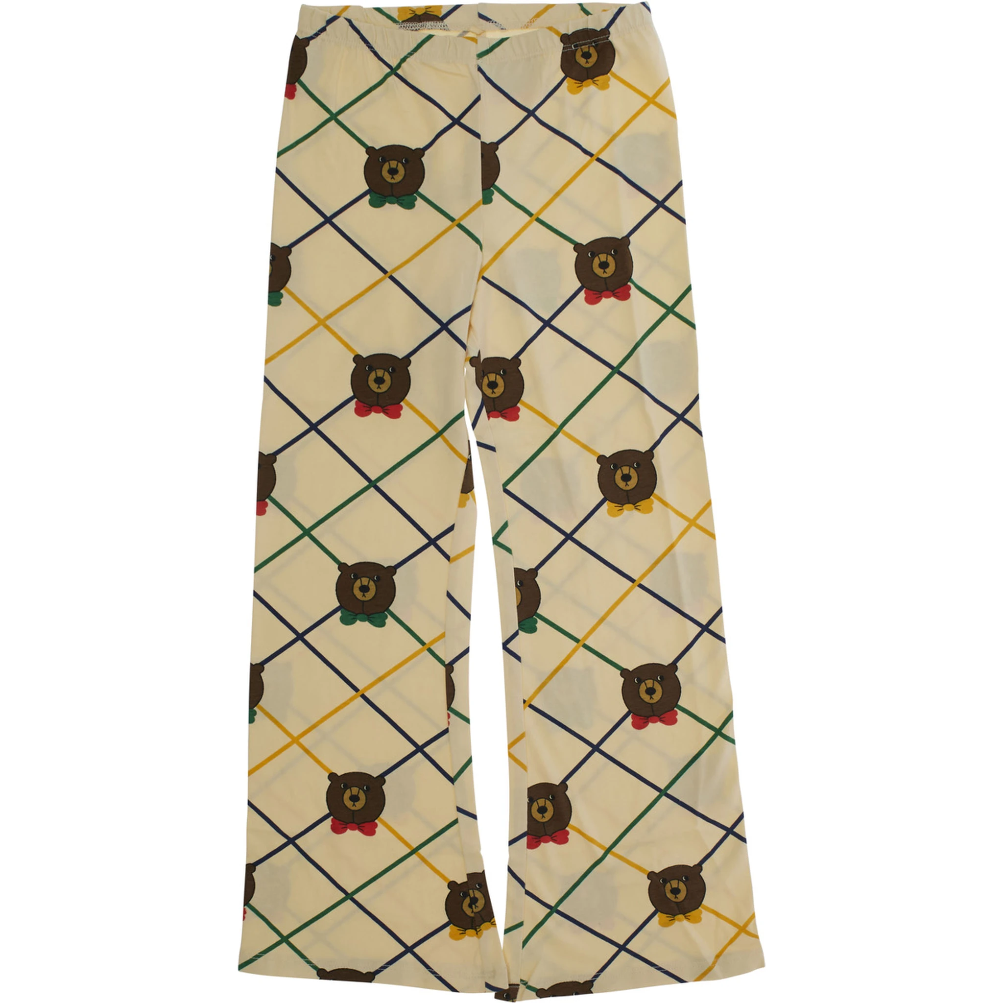 Beige Flared Pants with All-Over Check Motif and Bear Print in Cotton Stretch Girl