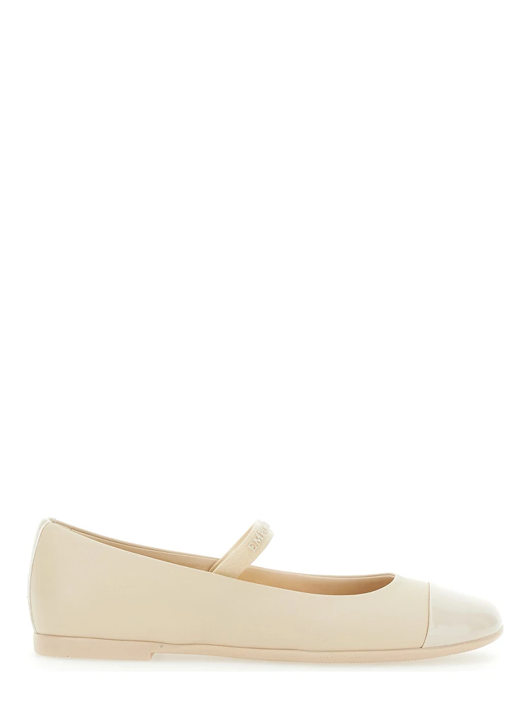 Beige Ballet Shoes with Cap Toe and Strap with Logo Lettering in Leather Girl