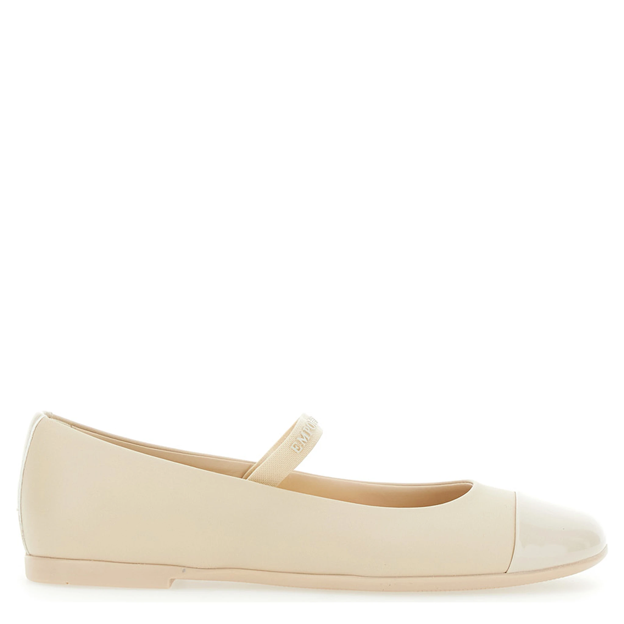 Beige Ballet Shoes with Cap Toe and Strap with Logo Lettering in Leather Girl
