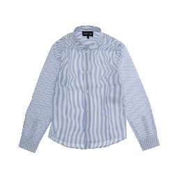 Light Blue Shirt with Logo Embroidery on the Front and All-Over Striped Motif in Cotton Boy