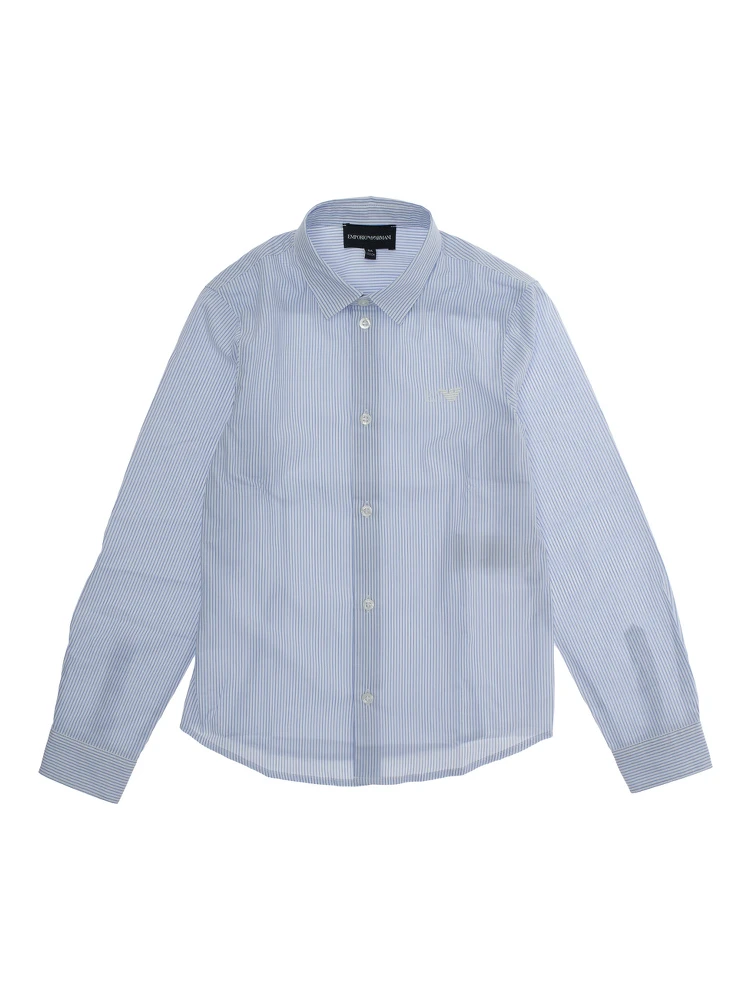 Light Blue Shirt with Logo Embroidery on the Front and All-Over Striped Motif in Cotton Boy