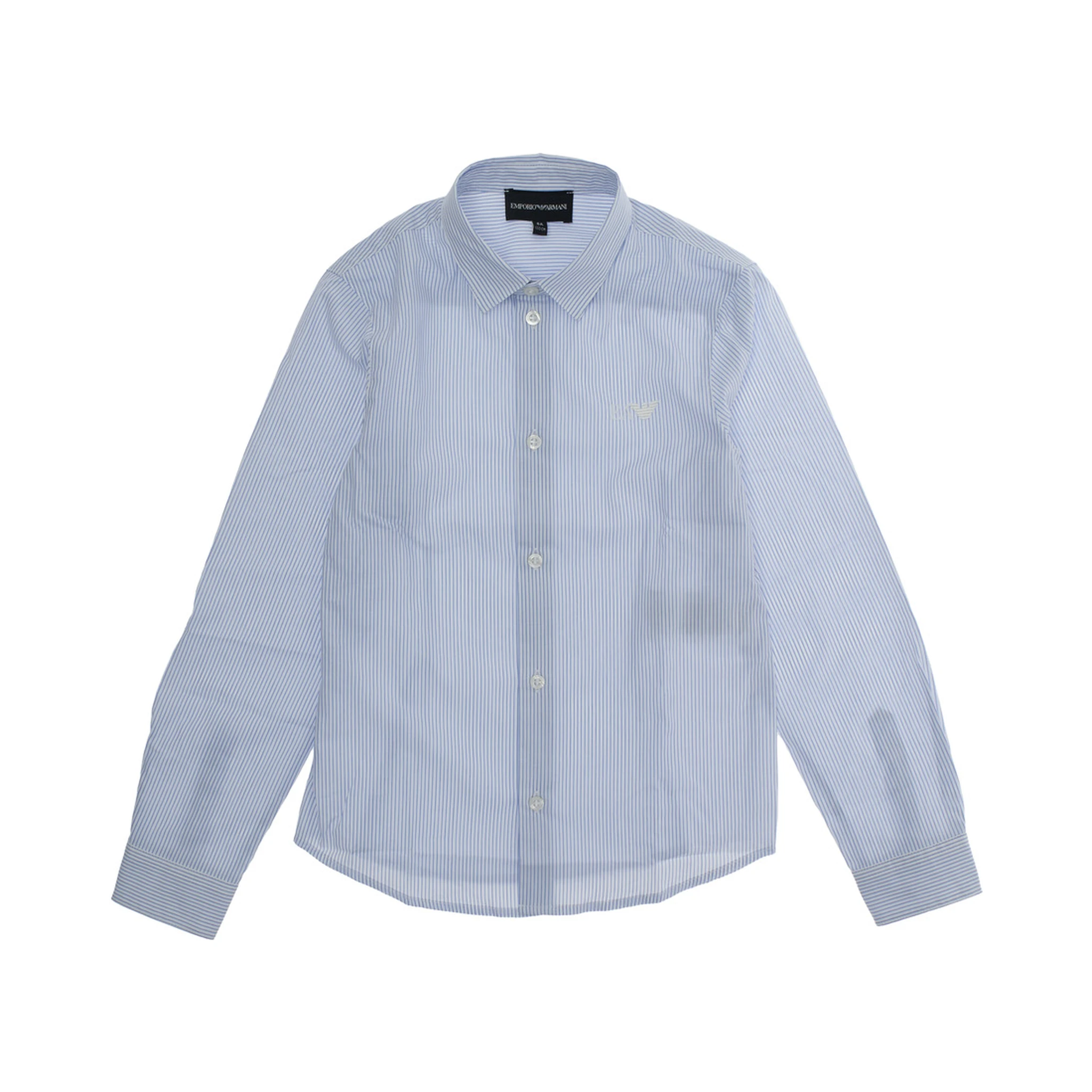 Light Blue Shirt with Logo Embroidery on the Front and All-Over Striped Motif in Cotton Boy
